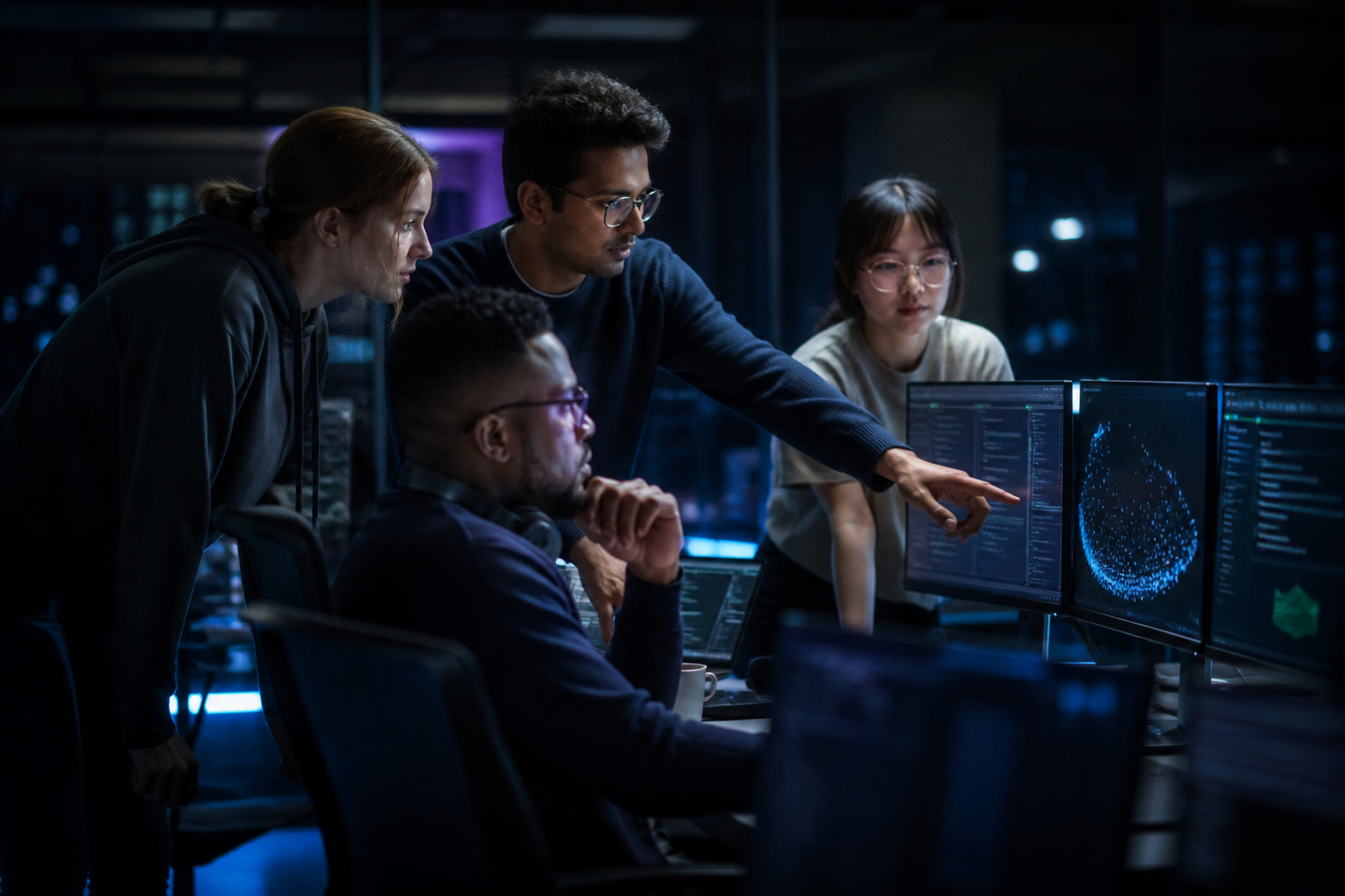 Equipe de tecnologia colaborando no desenvolvimento de um produto digital